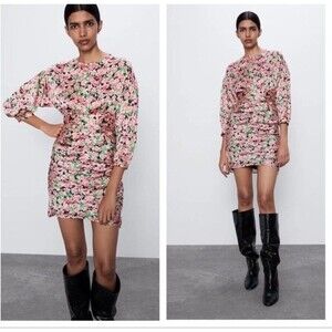 ZARA Printed Floral Draped Tie Ruched Mini Dress Pink Green Black XS 228​
